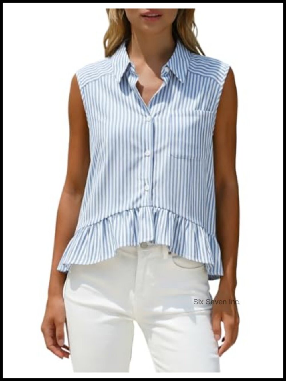 Sleeveless Button Down Striped Peplum Crop Top Blouse